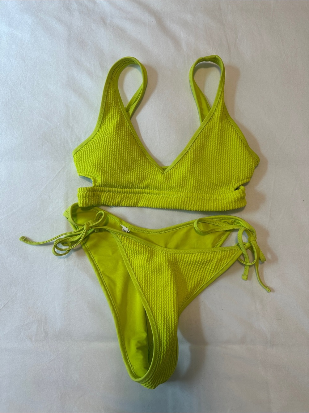 Aerie Neon Lime Textured Tie-Side Bikini Set - Women Swim